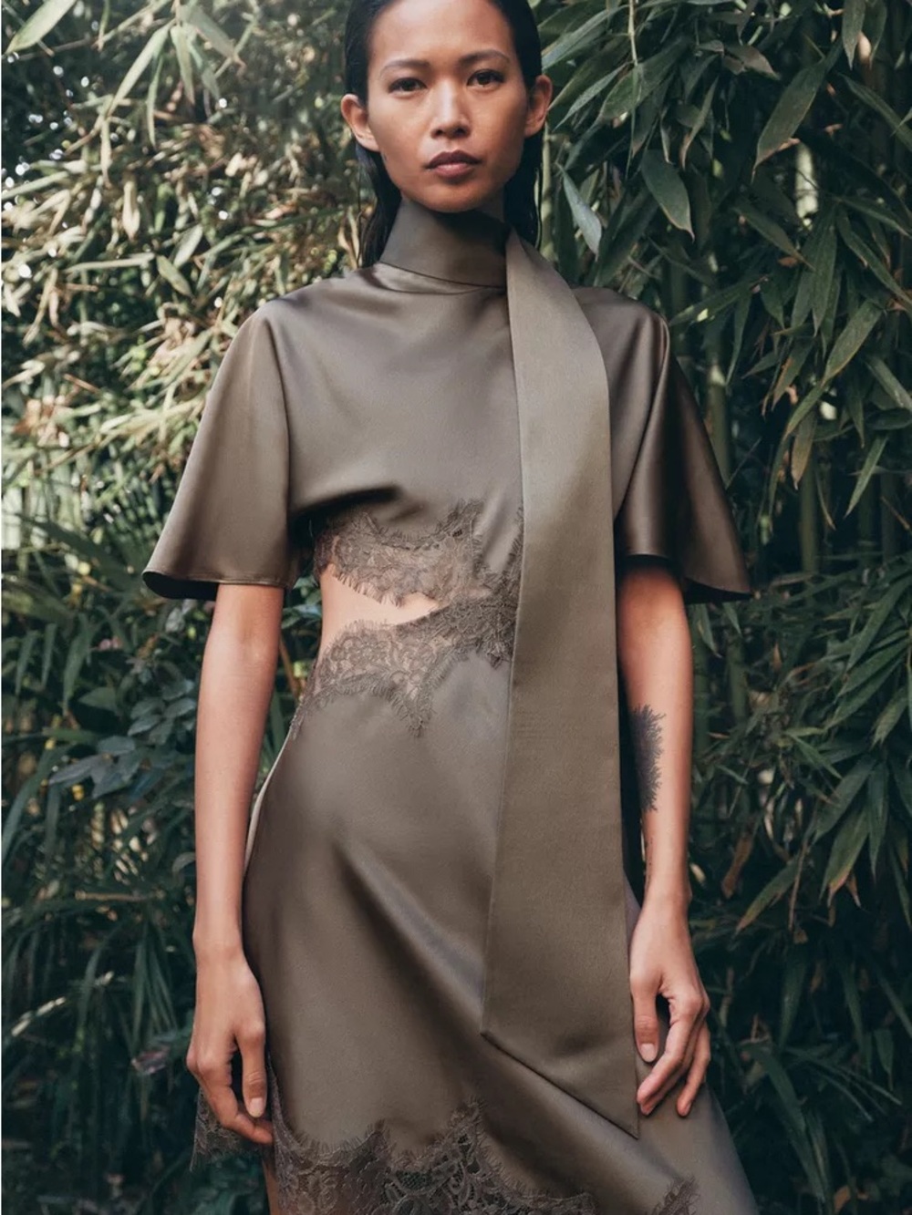 Zara Olive Lace-Trim Asymmetrical Midi Dress with Neck Scarf
